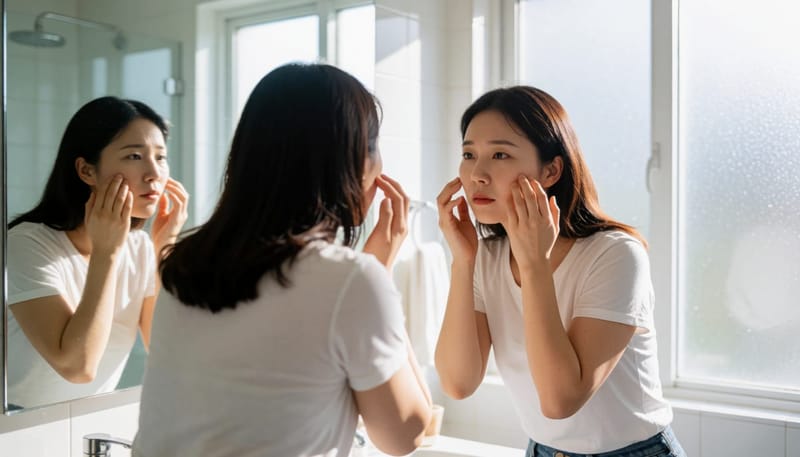 거울 앞에서 코를 여러 각도로 살펴보며 시간을 보내는 여성