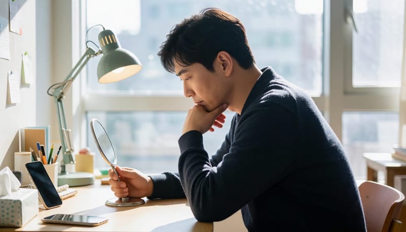 책상에 앉아 손거울을 보며 골몰하는 남성의 옆모습