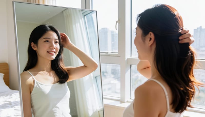 거울 앞에서 가볍게 머리를 매만지며 준비하는 여성