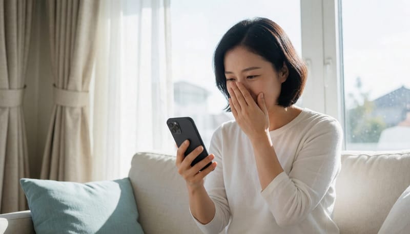집 소파에서 코를 손으로 가리며 위축된 모습으로 앉아 있는 여성