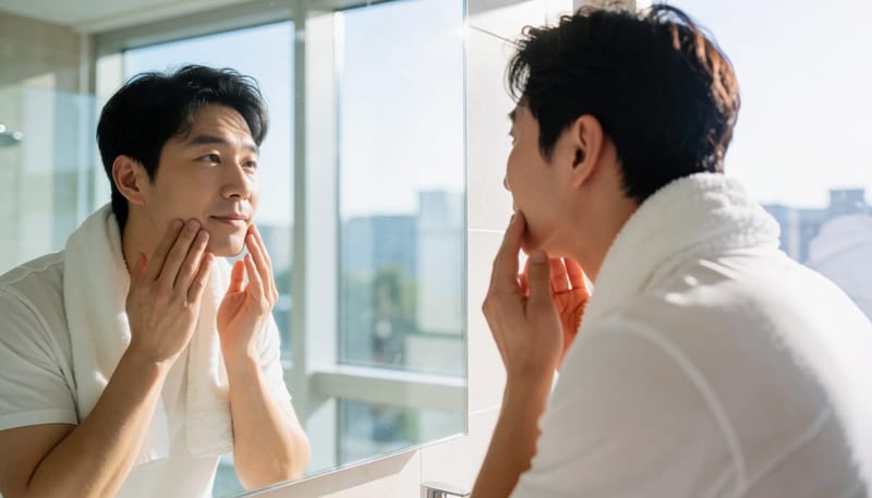 환절기 아침 거울 앞에서 턱선을 만지며 오돌토돌한 피부를 살피는 남성