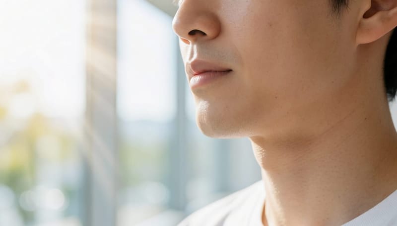 수염 부위에 오돌토돌 올라온 여드름 같은 피부 트러블 매크로 클로즈업
