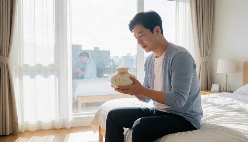 곪은 턱 부위에 냉찜질을 하며 진정시키는 남성의 모습