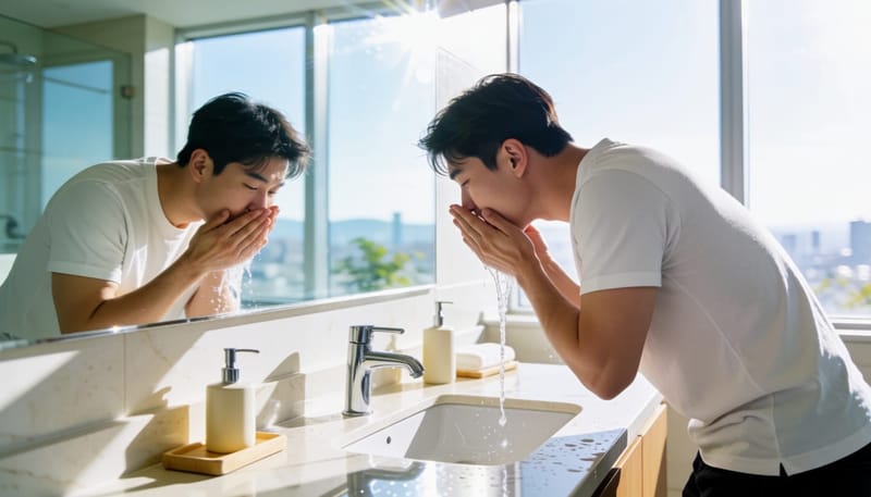 세안을 하며 청결 관리에 신경 쓰는 남성의 욕실 모습