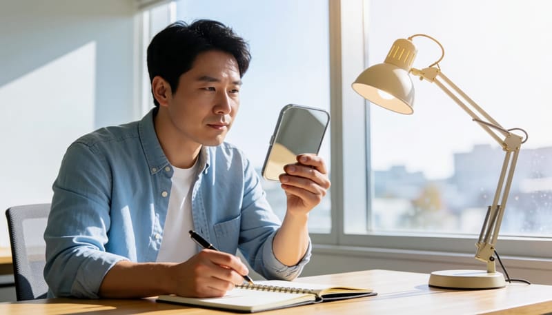 작은 손거울로 턱 피부 상태를 꼼꼼히 확인하는 남성