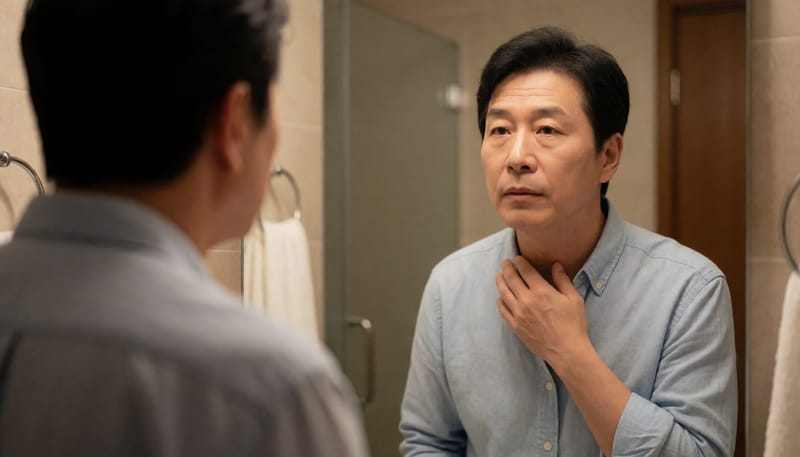 거울 앞에서 입술과 눈꺼풀이 부은 채 목을 만지는 남성