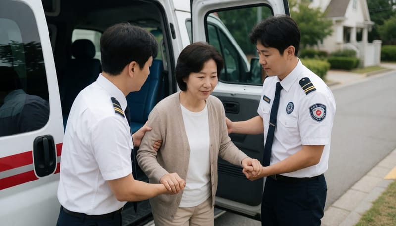구급차에 옮겨지는 얼굴이 부은 여성과 구급대원들