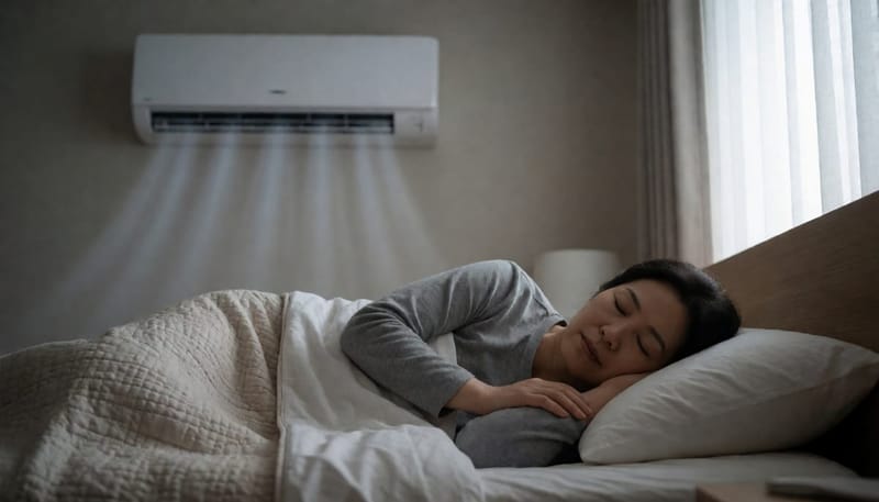 에어컨 바람을 직접 맞으며 자는 여성의 침실 모습