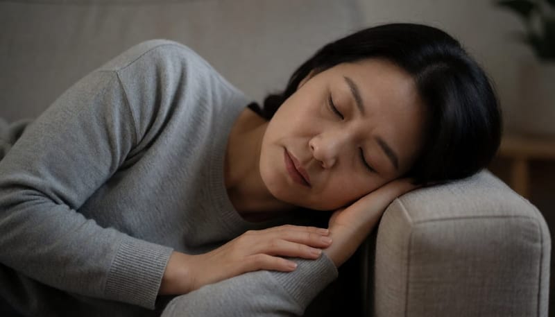 딱딱한 소파 팔걸이에 얼굴을 눌린 채 잠든 모습