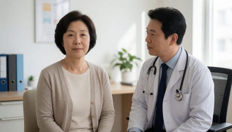 이마 주름과 미소 좌우 대칭을 확인하는 진료 장면