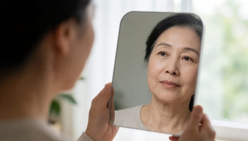 거울을 보며 처진 입꼬리와 안 감기는 눈을 확인하는 여성