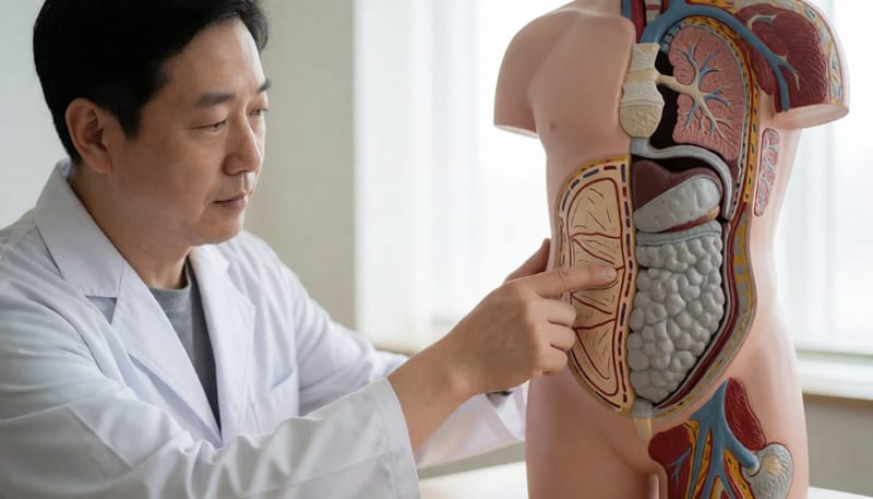 복부 모형에서 배꼽부터 오른쪽 아래까지 통증 경로를 짚어주는 의사