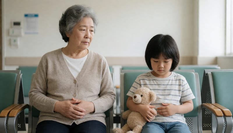 병원 대기실에서 각자 배를 감싸 쥔 노년 여성과 어린이
