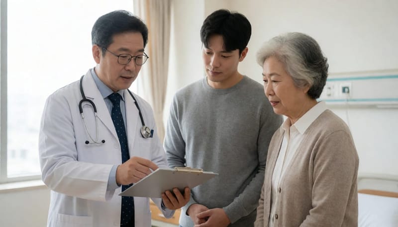 젊은 환자와 노년 환자에게 나이대별 주의사항을 설명하는 의사
