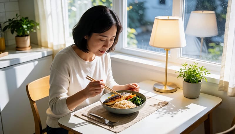 저녁에 소박한 균형 잡힌 식사를 천천히 먹는 여성의 모습