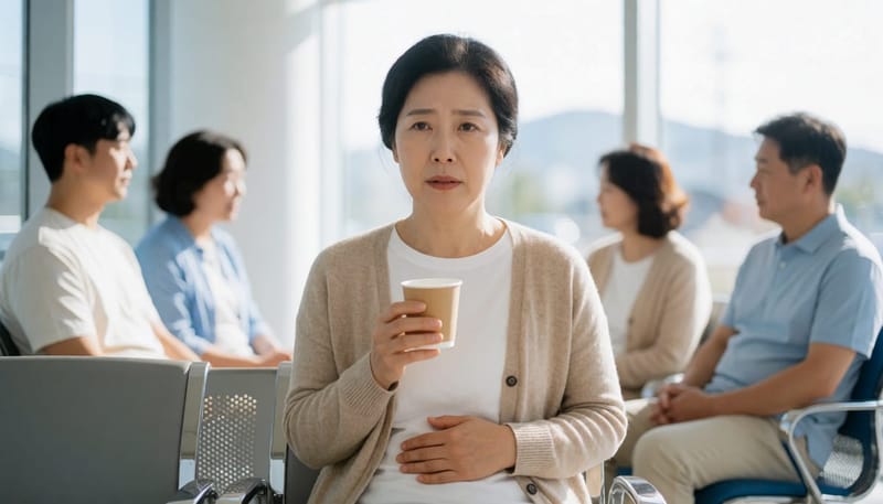 폭식 증상이 심해져 병원 진료를 기다리는 여성의 모습