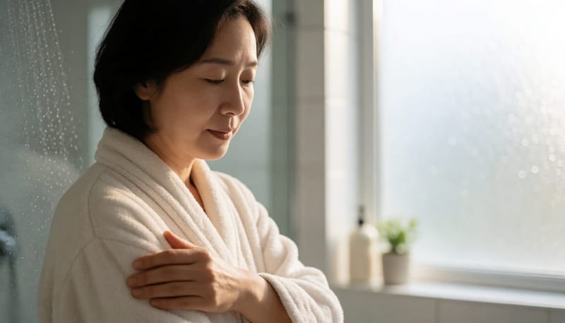 샤워 중 팔에 손을 대고 멍울을 확인하는 여성의 모습