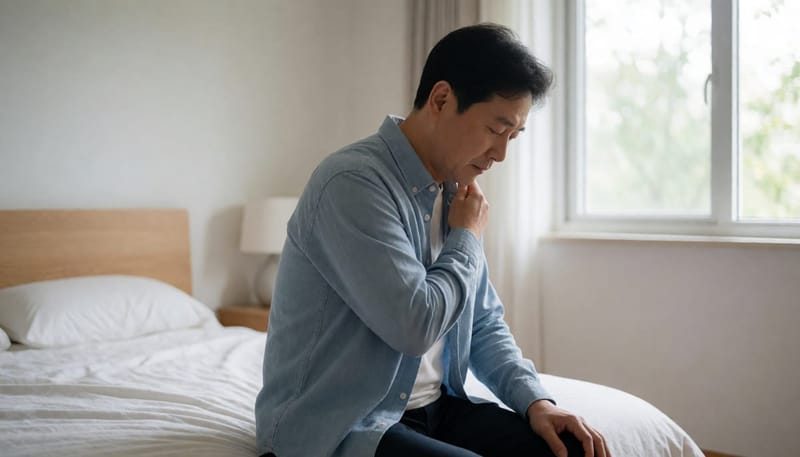 목과 쇄골 부위를 만지며 멍울을 확인하는 남성의 모습