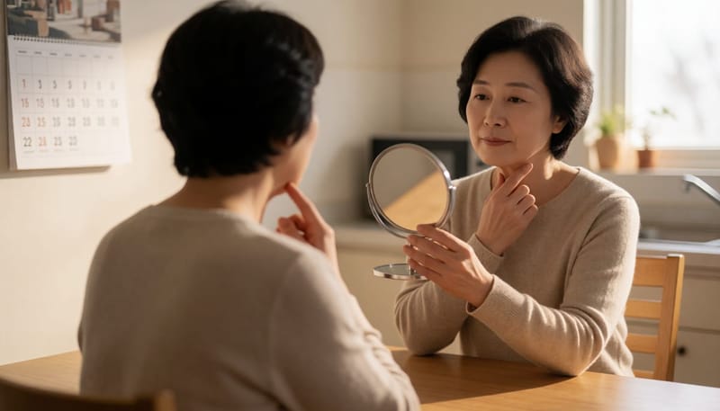 거울을 보며 멍울의 변화를 관찰하는 중년 여성의 모습