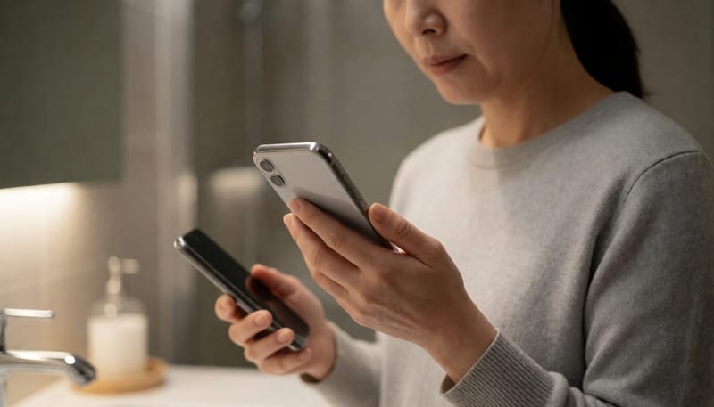 겨드랑이 근처를 만지며 걱정스러운 표정을 짓는 여성의 모습
