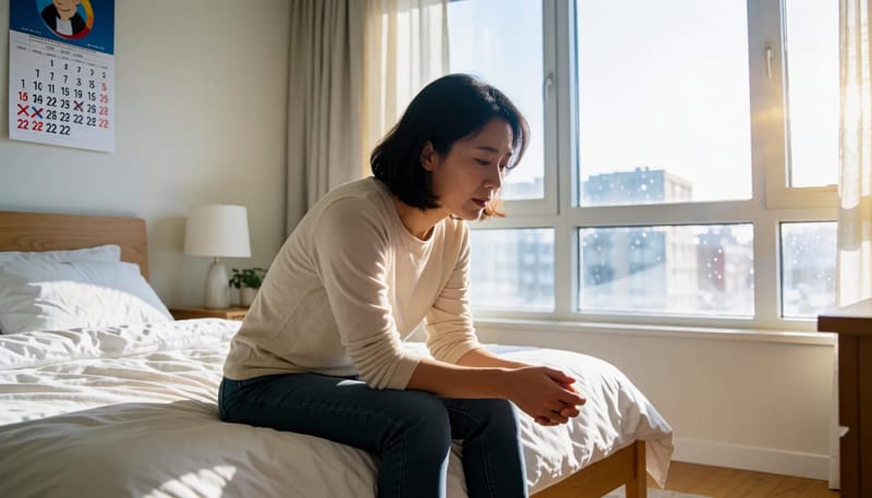 침대 끝에 앉아 멍하니 바닥을 보는 여성, 벽에 표시된 달력
