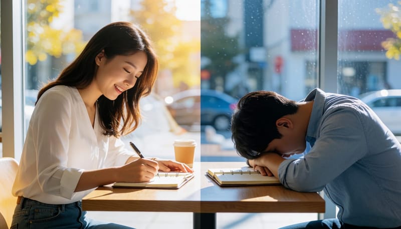 밝은 빛과 그림자로 나뉜 한 여성의 대비되는 두 순간, 활기와 무기력
