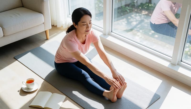 햇살 드는 거실에서 요가매트 위에 앉아 스트레칭하는 여성, 옆에 차와 다이어리