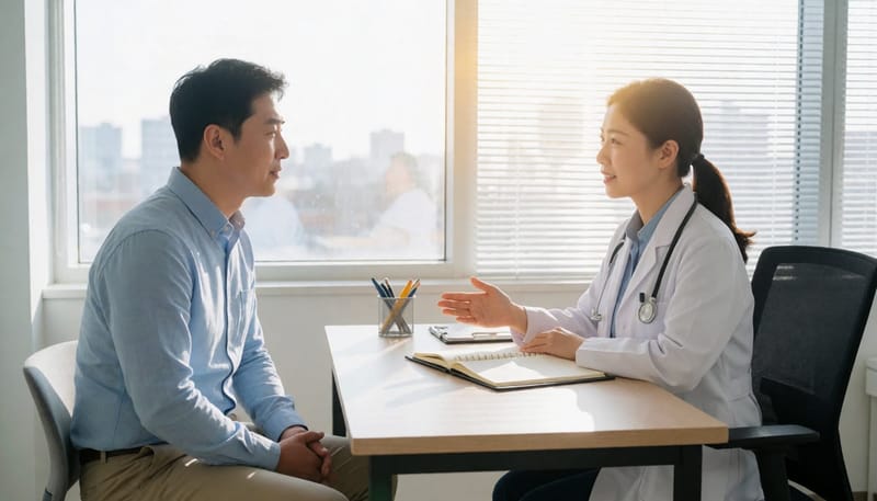 진료실에서 의사와 마주 앉아 상담을 받는 남성, 차분한 분위기의 진료 장면