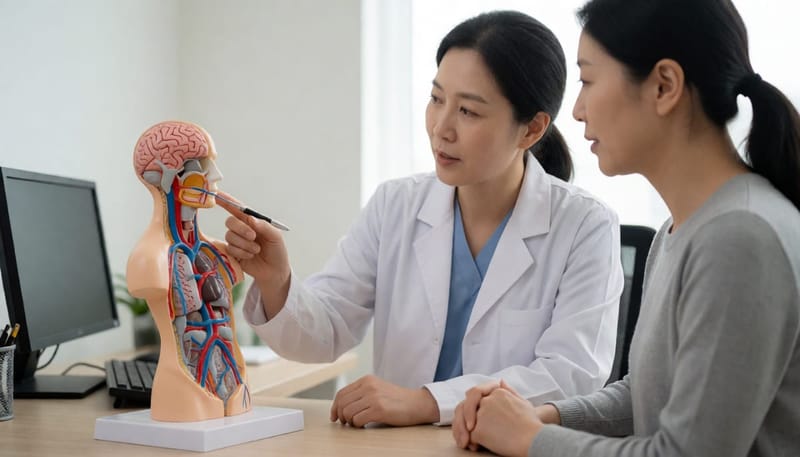 혈관과 뇌 모형을 가리키며 설명하는 의사와 듣고 있는 환자