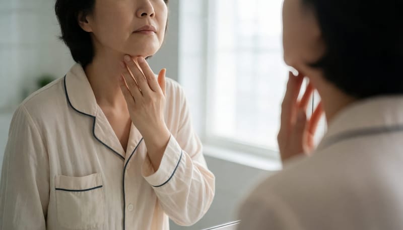아침에 목을 만지며 불편한 표정을 짓는 여성
