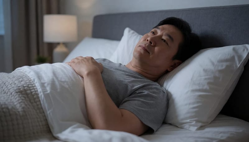 밤에 침대에 누워 가슴 쪽을 만지며 불편해하는 남성