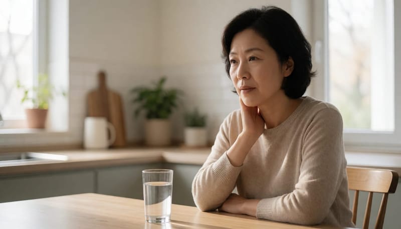 부엌 식탁에서 물잔을 앞에 두고 목을 가다듬는 여성