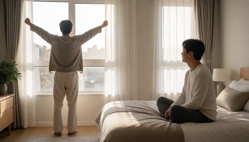 이른 아침 창가에서 몸을 풀며 하루를 시작하는 남성