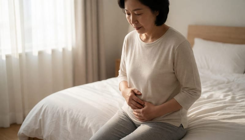 침대에 앉아 아랫배에 손을 얹고 잔뇨감을 느끼는 여성