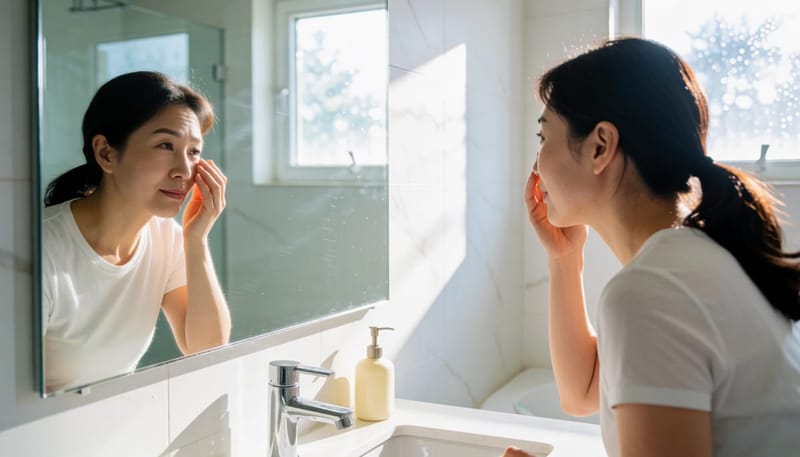 아침에 세면대 거울 앞에서 눈가를 부드럽게 닦아내는 여성
