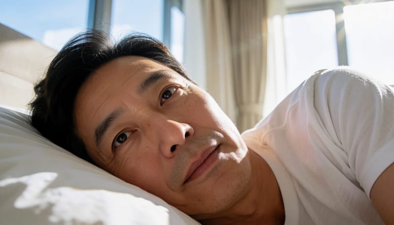 침대에서 막 일어나 눈가에 눈꼽이 낀 모습을 보여주는 남성 클로즈업