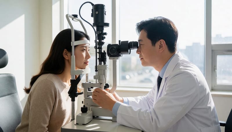 안과 진료실에서 세극등으로 눈을 검사받는 여성 환자