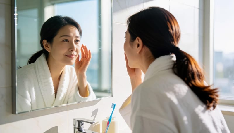 아침 욕실 거울 앞에서 눈가를 살펴보는 여성