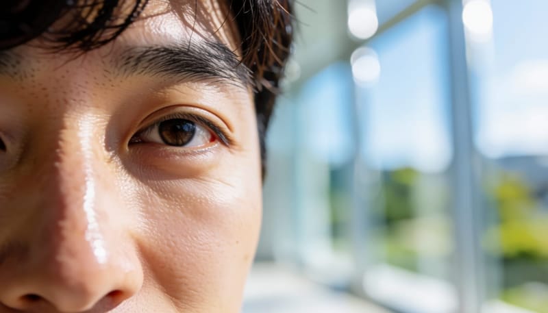 눈꺼풀 가장자리의 붉음과 각질을 보여주는 근접 사진