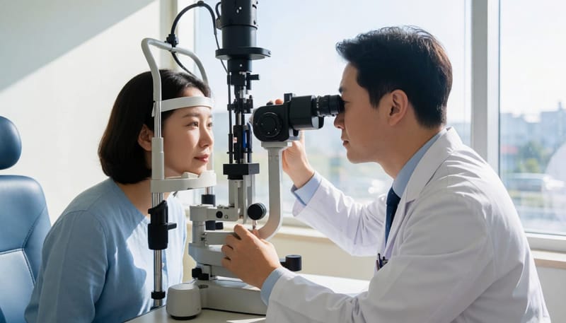 세극등현미경으로 눈꺼풀을 검진하는 안과 진료 장면