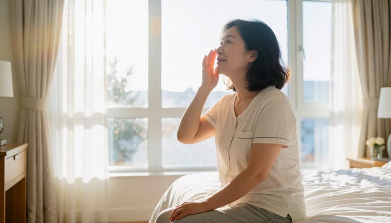 아침에 침대에 앉아 눈을 꽉 감은 채 손으로 눈가를 누르는 여성