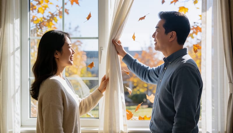 환절기 건조한 바람에 눈을 찡그리며 창가에 서 있는 남성
