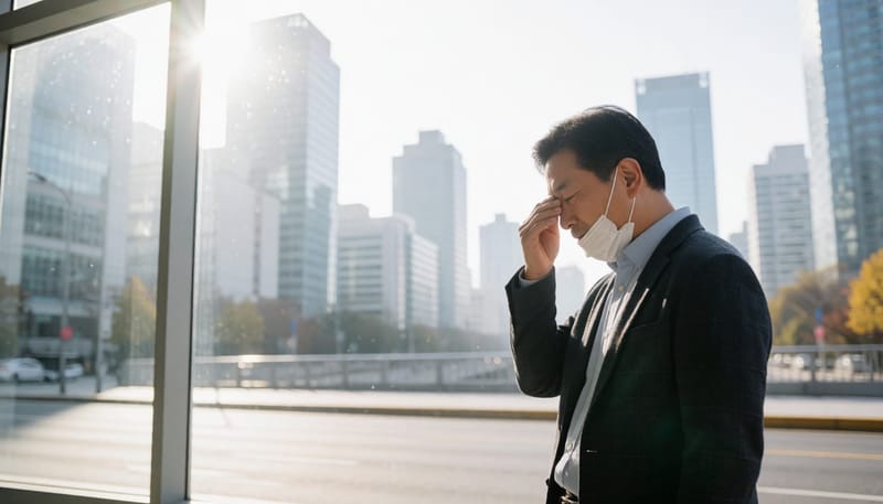 미세먼지 가득한 거리에서 눈을 비비는 남성