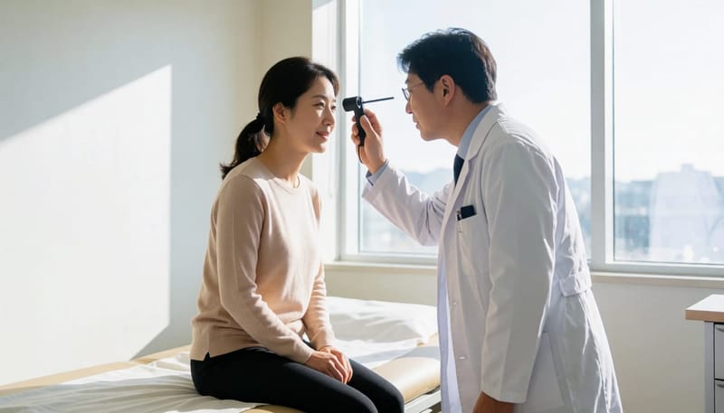 병원 진료실에서 의사가 눈을 감은 환자의 눈을 살펴보는 모습