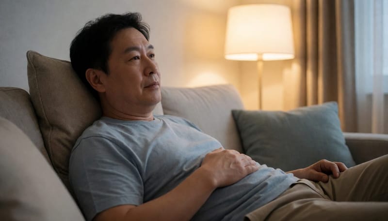 거실 소파에서 복부를 만지는 남성