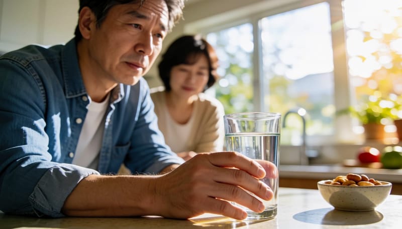 건강 신호를 돌아보며 생각에 잠긴 중년 남성의 모습