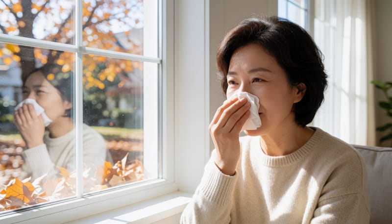 환절기 창가에서 코를 만지며 불편해하는 여성