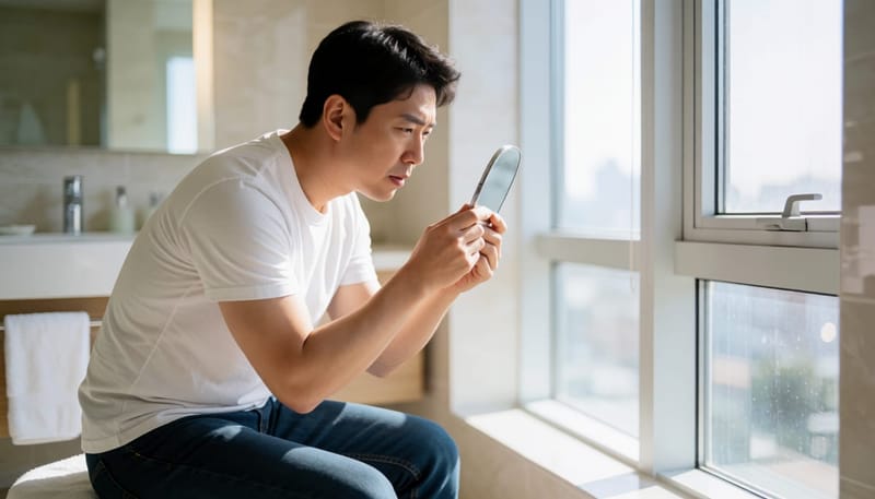 거울로 코 상태를 유심히 살펴보는 남성