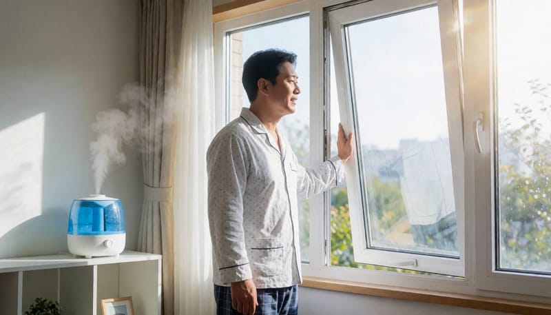 아침에 창문을 환기하면서 가습기도 함께 사용하는 남성