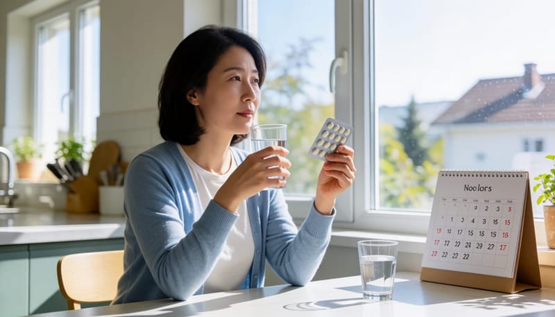 약을 복용하려다 멈칫하며 생각에 잠긴 여성의 모습